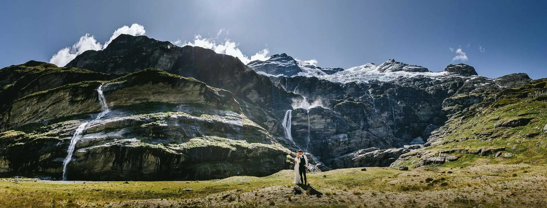 A helicopter elopement at Earnslaw Burn, a waterfall valley near Queenstown