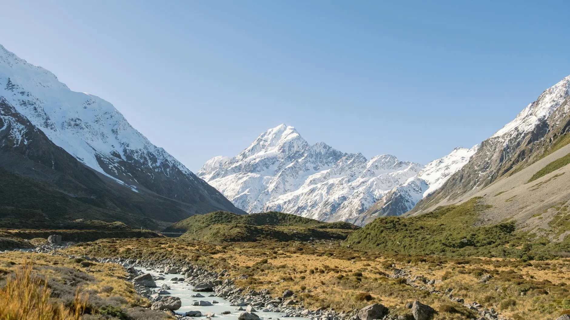 Aoraki / Mount Cook seen from the Hooker Valley with the river in the foreground