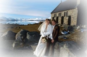 Couple are married at the Church of the Good Shepherd in Lake Tekapo