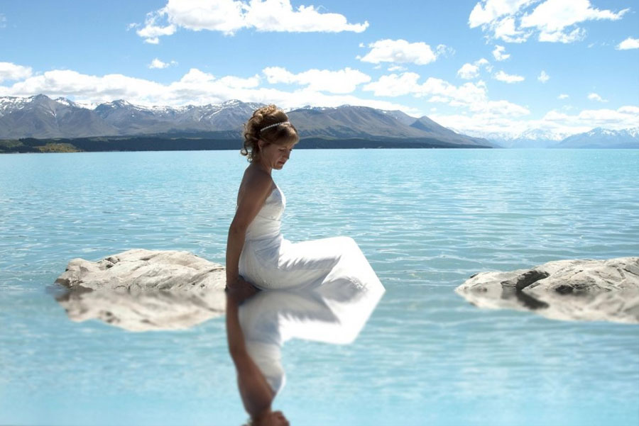 Bride in the waters of Lake Pukaki