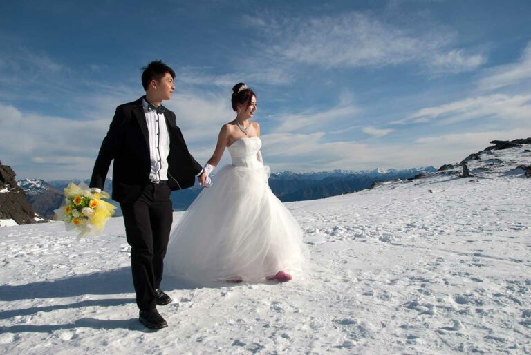 Elopement wedding package to Cecil Peak with snow landing