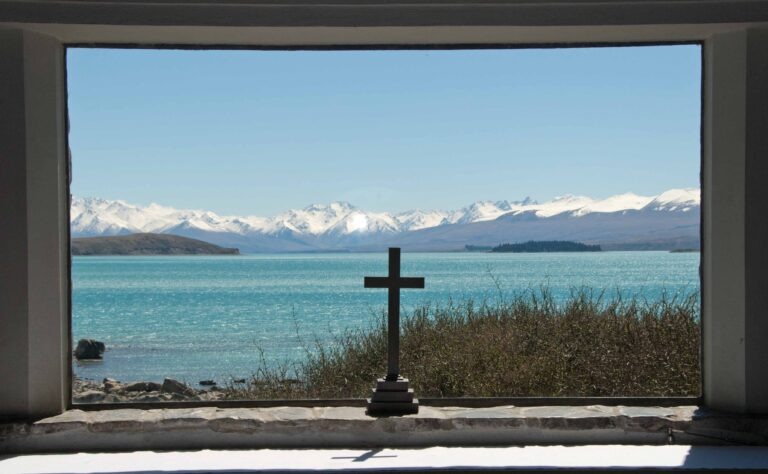 Lake Tekapo view from inside the Church of the Good Shepherd, Tekapo, New Zealand