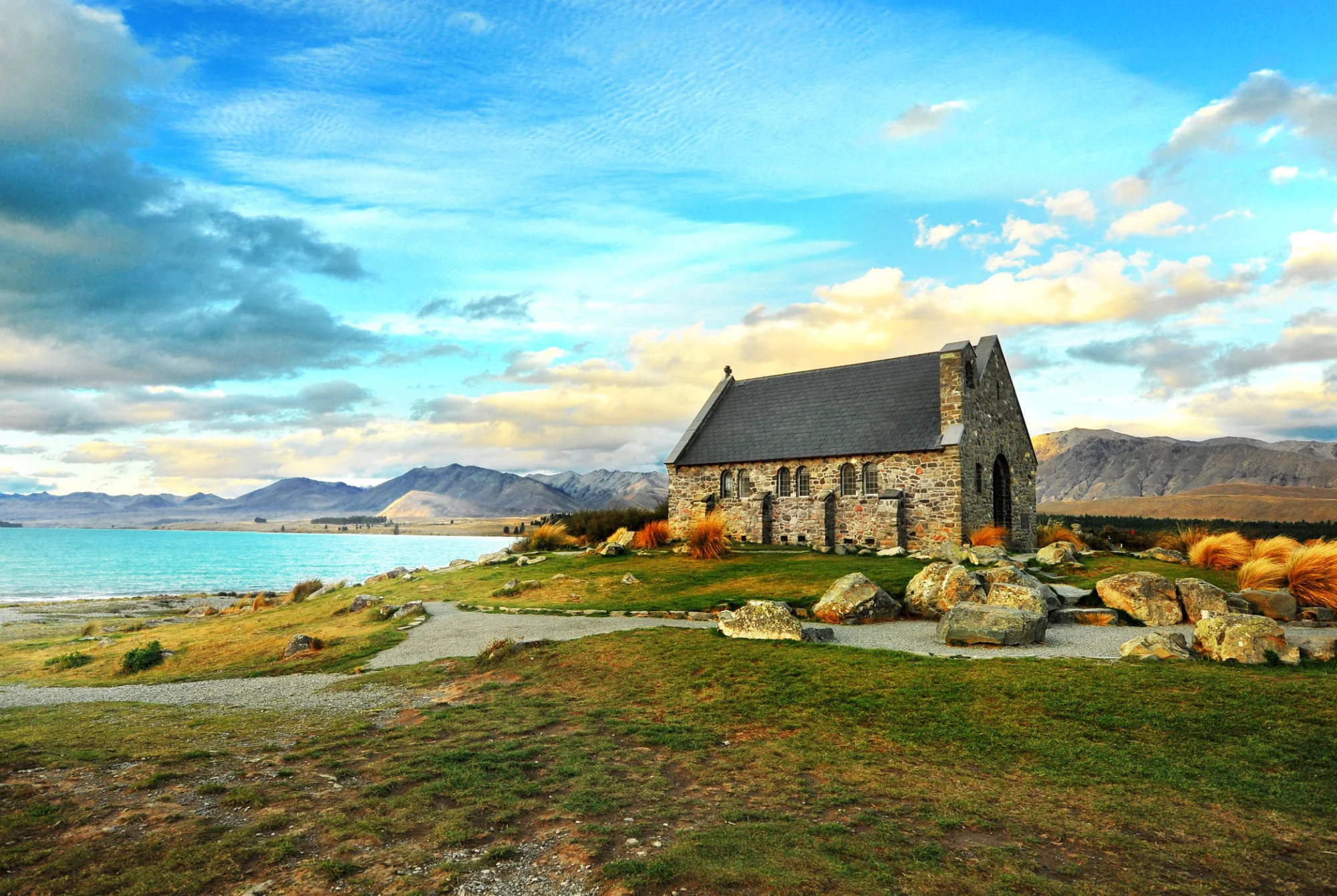 Bride arriving at the Church of the Good Shepherd in Lake Tekapo for her New Zealand elopement